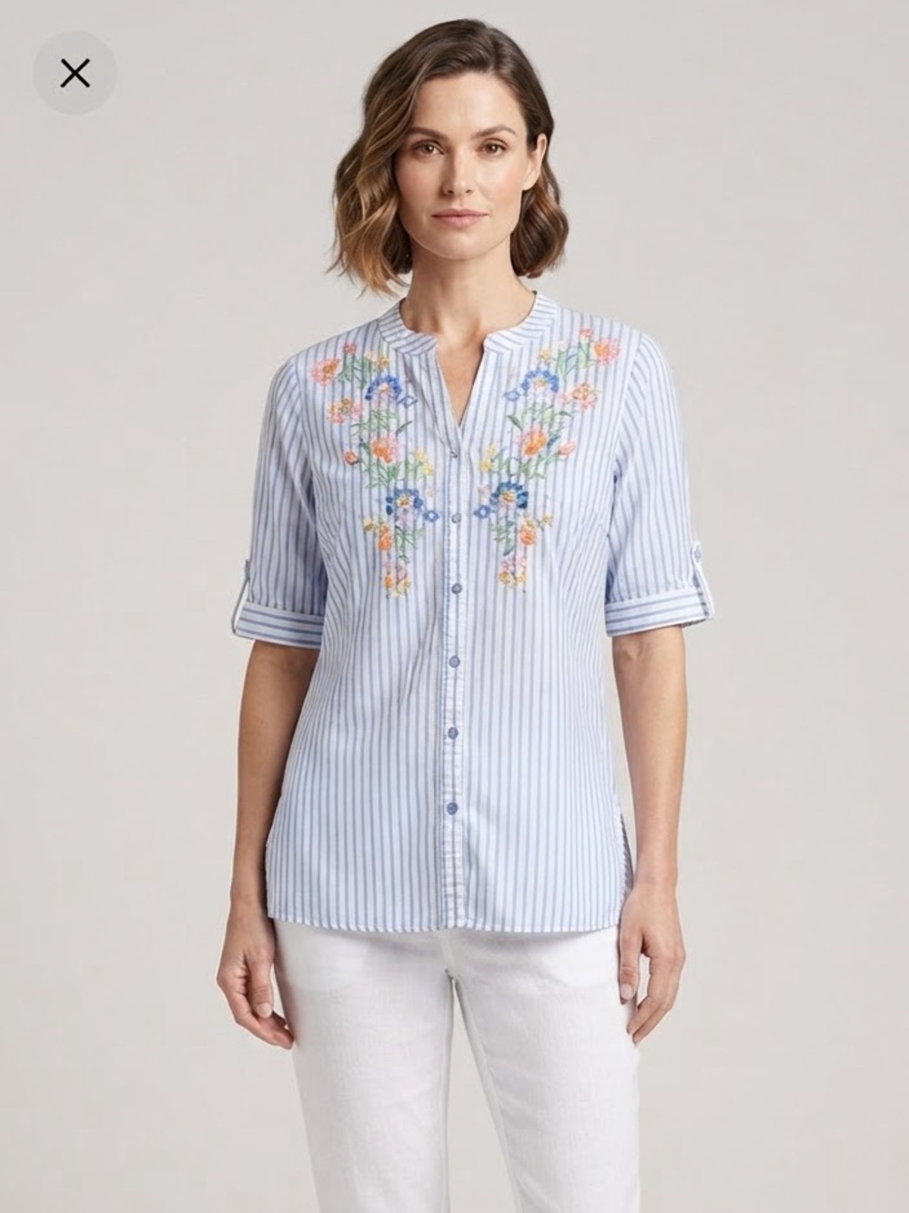 Quacker Factory Blue White Stripe Embroidered Floral Rhinestone Tunic Top XL